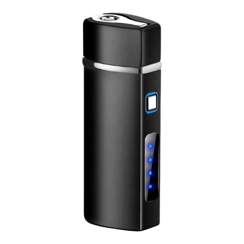 Black electronic lighter with blue indicator lights on a white background
