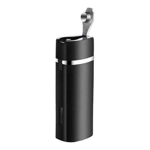 Black lighter with silver accent on a white background