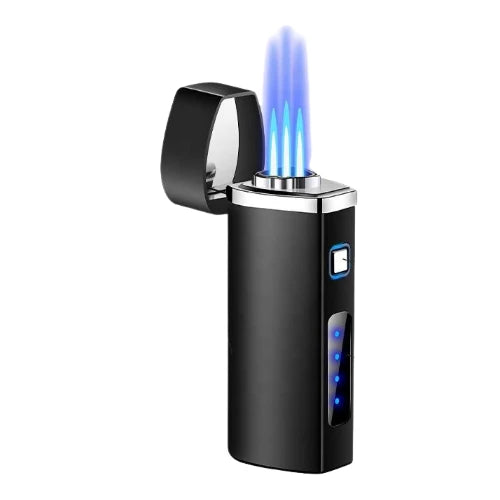 Black electric lighter with blue flames on a white background