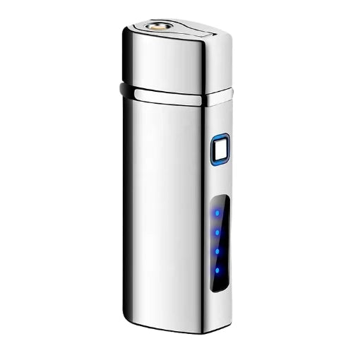 Silver electronic lighter with blue indicator lights on a white background