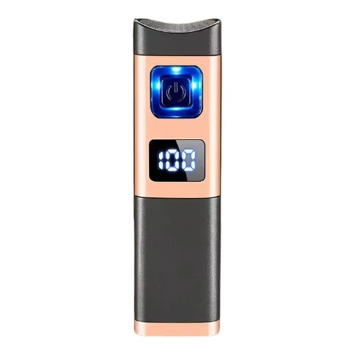 Rose gold and black electronic device with digital display on a white background