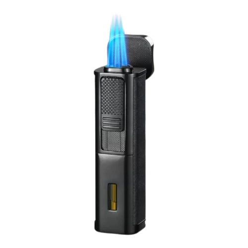 Black lighter with blue flame on a white background