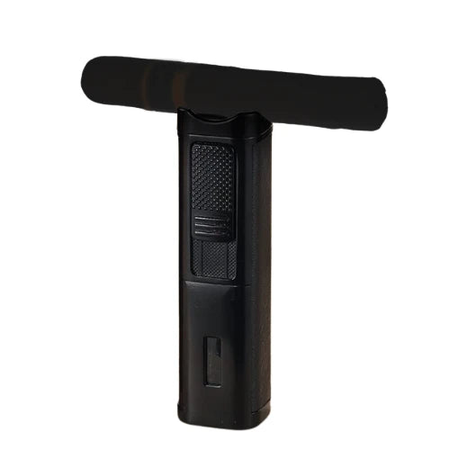 Black handheld device with a textured grip on a white background