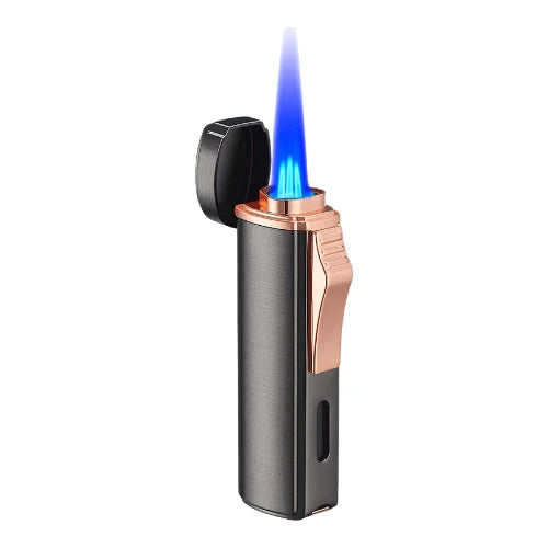 Butane lighter with a visible flame on a white background