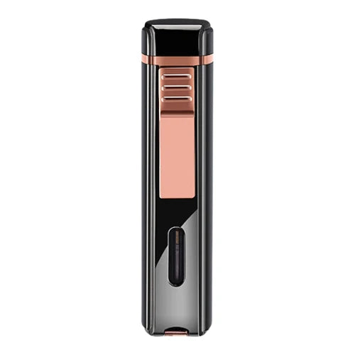 Gunmetal and rose gold lighter on a white background