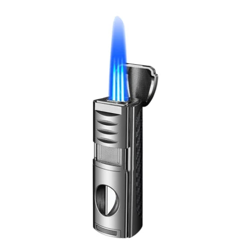 Butane lighter with a blue flame on a white background