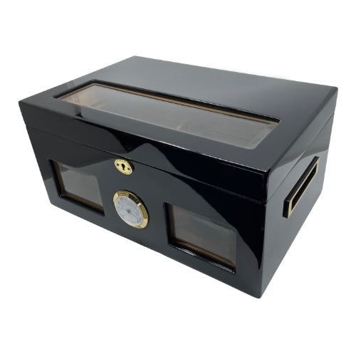 Large Black Windowed Humidor Angle - Humidor - Sams Smokes