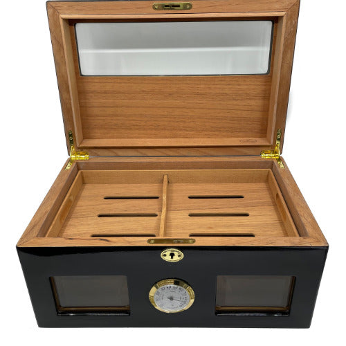 Large Black Windowed Humidor Open - Humidor - Sams Smokes